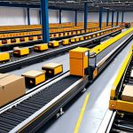 Automated warehouse with robot arms sorting packages, conveyor belts, and AGVs, showcasing efficiency and advanced technology.