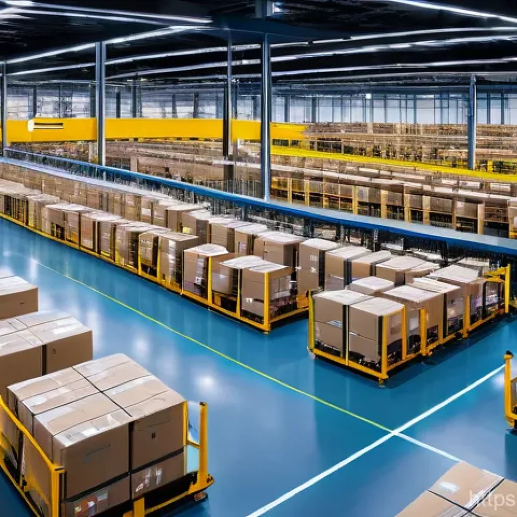 스마트물류 창고 관리 KPI 설정법 - A vibrant, high-tech smart logistics center at dawn, bathed in the soft glow of data dashboards disp...