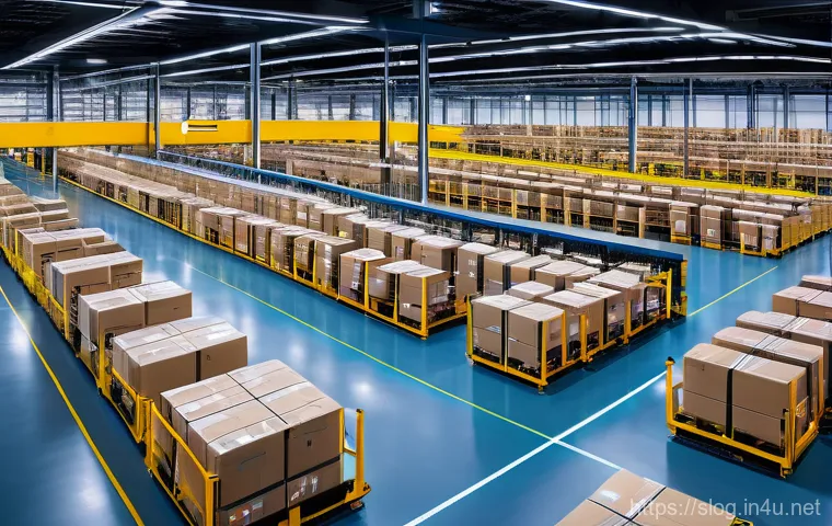 스마트물류 창고 관리 KPI 설정법 - A vibrant, high-tech smart logistics center at dawn, bathed in the soft glow of data dashboards disp...