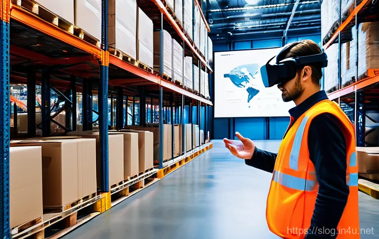 스마트물류 창고 관리 KPI 설정법 - A vibrant, high-tech smart logistics center at dawn, bathed in the soft glow of data dashboards disp...