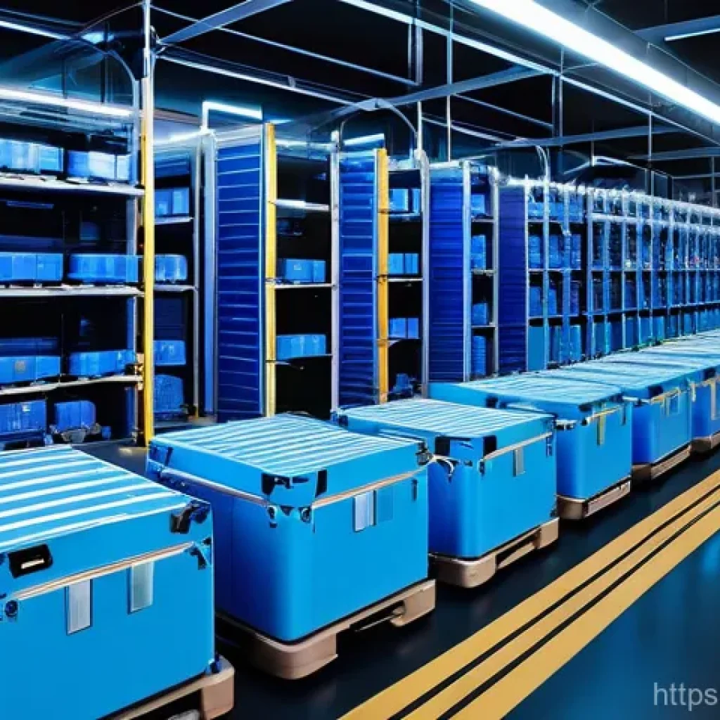 스마트물류 물류 설비 투자 전략 - **Prompt:** A high-tech, automated smart warehouse interior bathed in cool, ambient blue light. Nume...