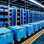 스마트물류 물류 설비 투자 전략 - **Prompt:** A high-tech, automated smart warehouse interior bathed in cool, ambient blue light. Nume...