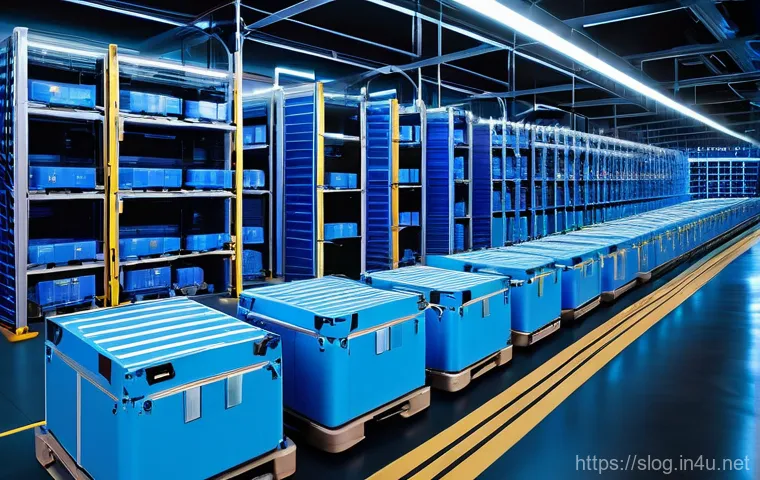 스마트물류 물류 설비 투자 전략 - **Prompt:** A high-tech, automated smart warehouse interior bathed in cool, ambient blue light. Nume...