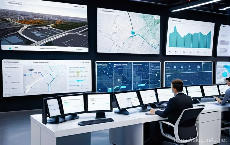 스마트물류 운송 관리의 핵심 개념 - Image Prompt 1: AI-Powered Logistics Control Center** 스마트물류 운송 관리의 핵심 개념 - Image Prompt 1: AI-Powered Logistics Control Center**