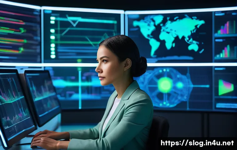 스마트물류 전문가는 무엇을 하는가 - A focused female smart logistics expert in her late 30s, with a stylish, professional haircut, weari...