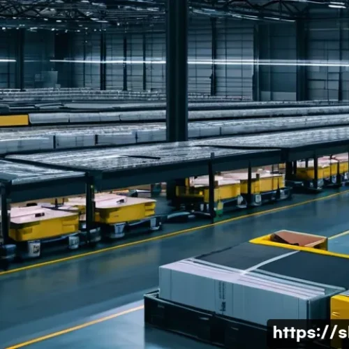 Home 13 스마트물류 물류 비용 절감 사례 - **A highly advanced, clean, and brightly lit automated warehouse at dusk.** Robotic arms are meticul...