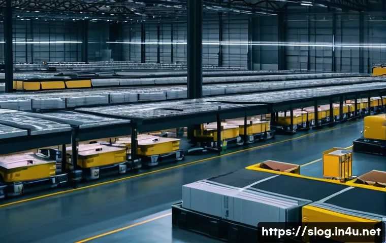 스마트물류 물류 비용 절감 사례 - **A highly advanced, clean, and brightly lit automated warehouse at dusk.** Robotic arms are meticul...
